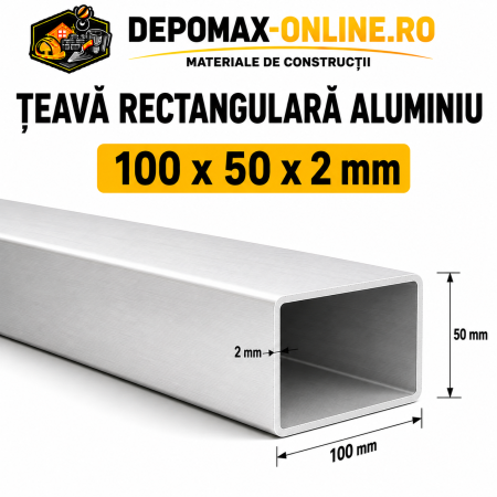 Teava rectangulara aluminiu 100 x 50 x 2 mm, 6 metri (EN AW-6060)